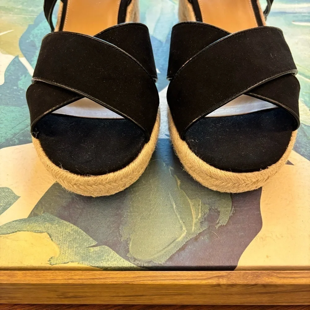 J. CREW Heeled Platform Espadrilles Black Size 11 Faux Suede